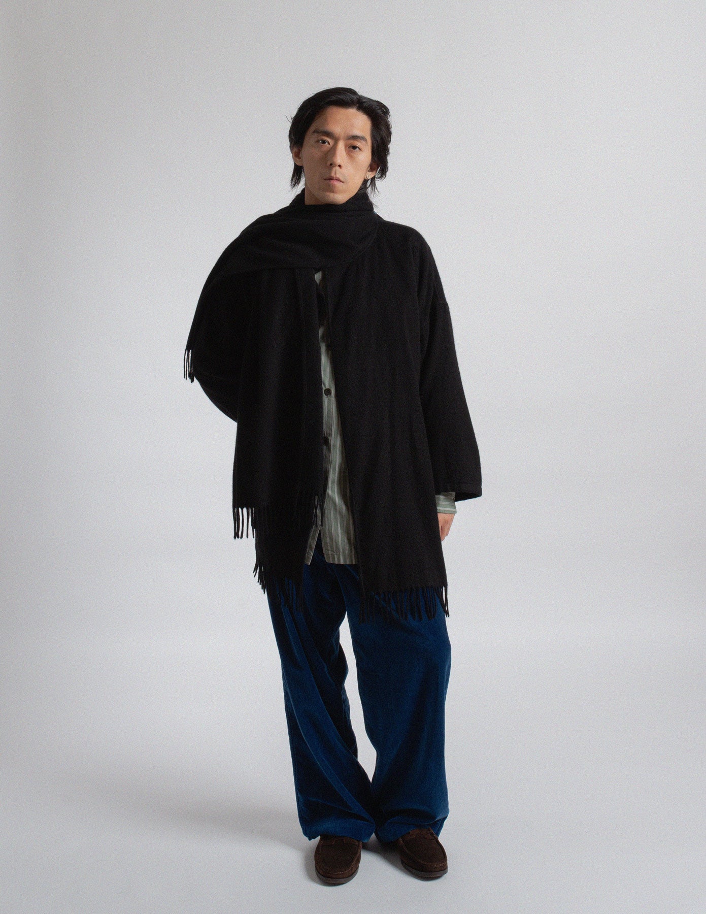 Salvatore Ferragamo vintage black cashmere fringe-trim cape coat with scarf