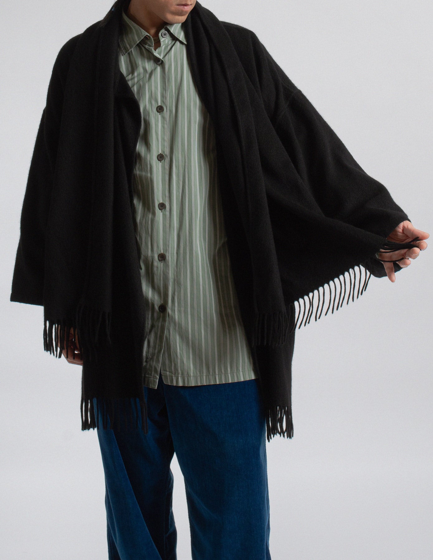 Salvatore Ferragamo vintage black cashmere fringe-trim cape coat with scarf