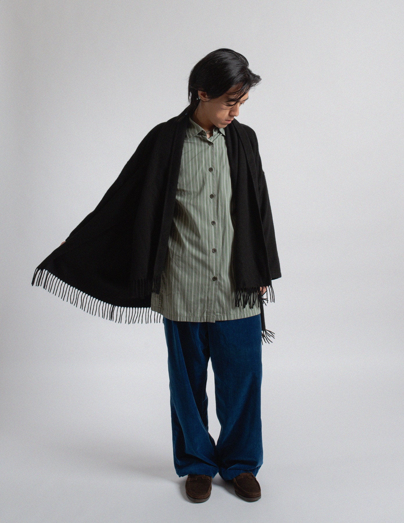 Salvatore Ferragamo vintage black cashmere fringe-trim cape coat with scarf