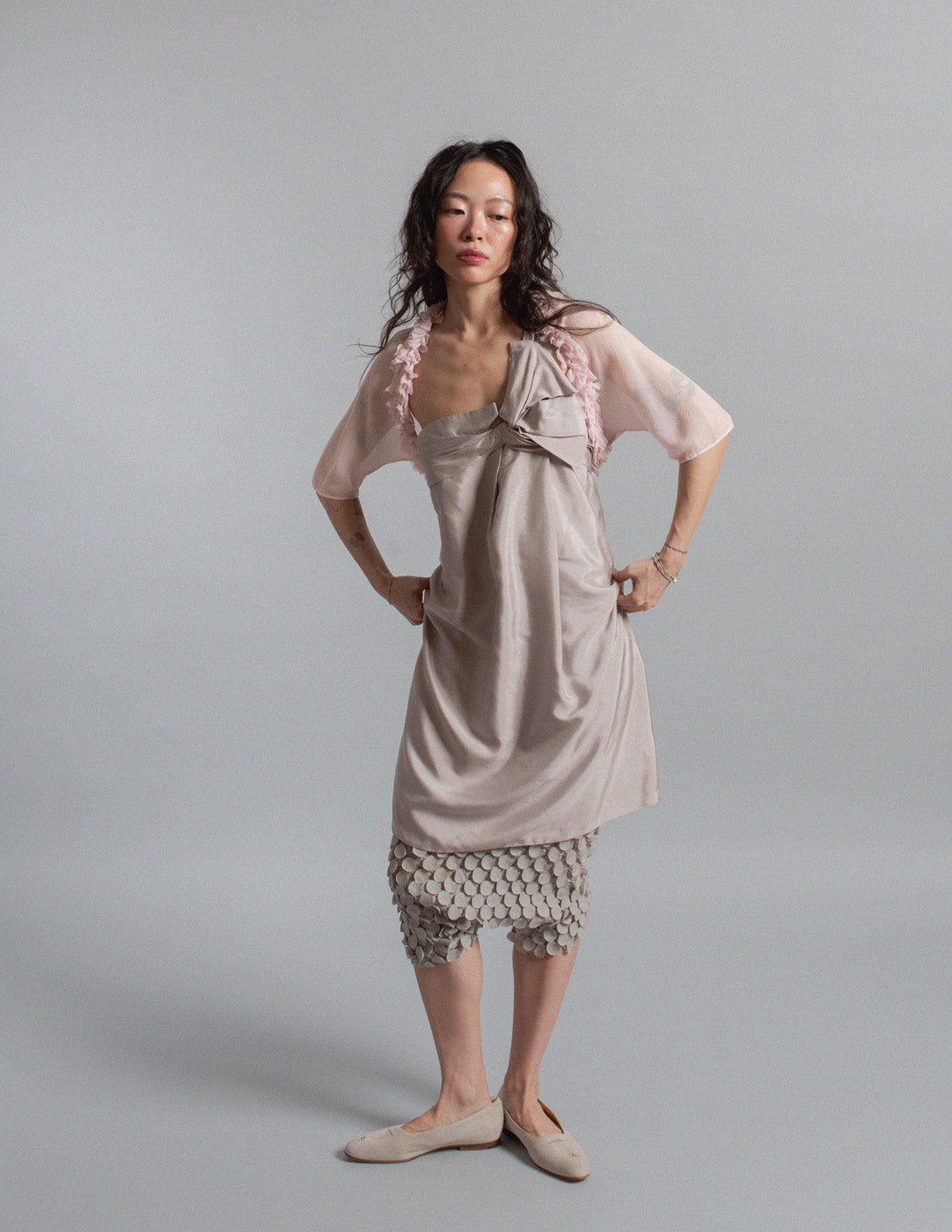 pearl gray silk bow dress