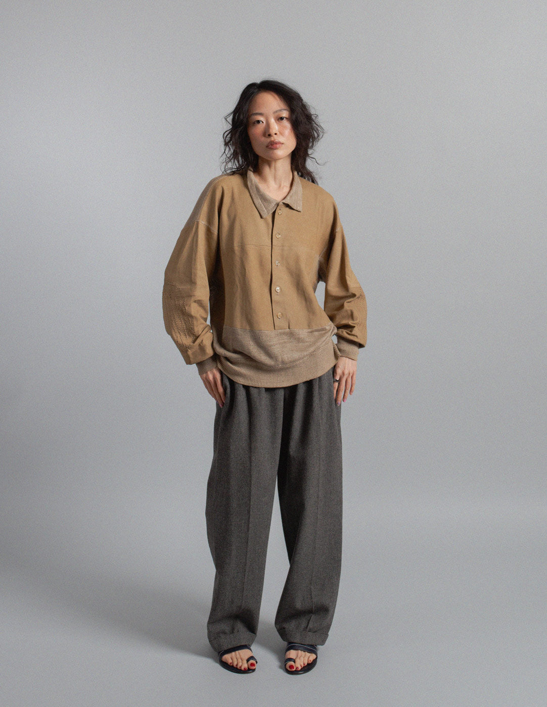 Gianfranco Ferré vintage leather and linen knit polo sweater