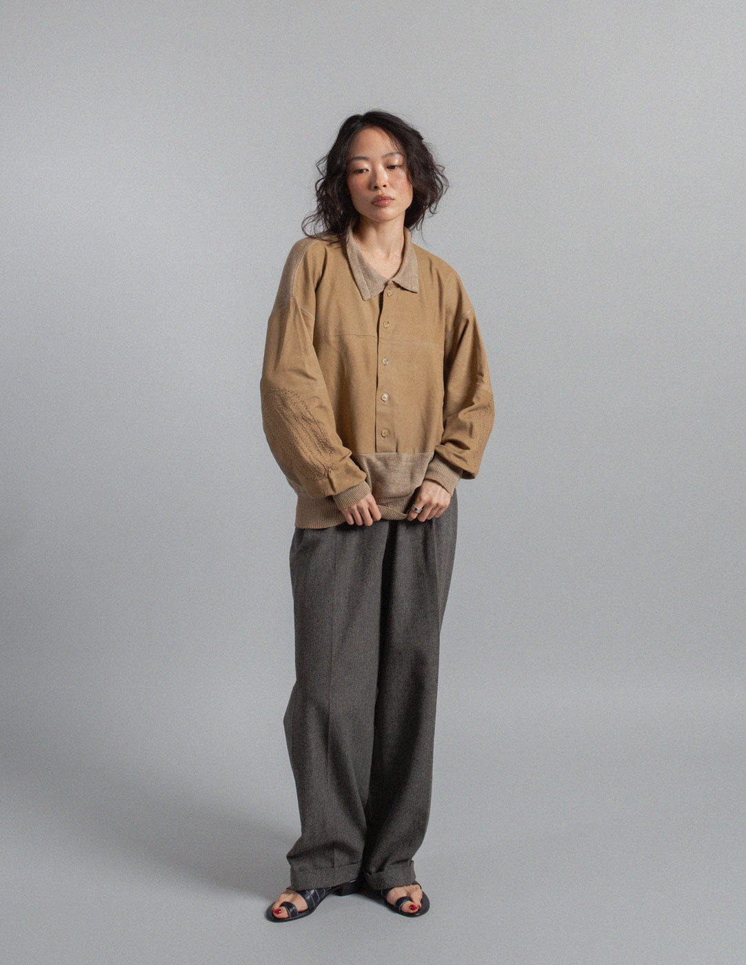 Gianfranco Ferré vintage leather and linen knit polo sweater