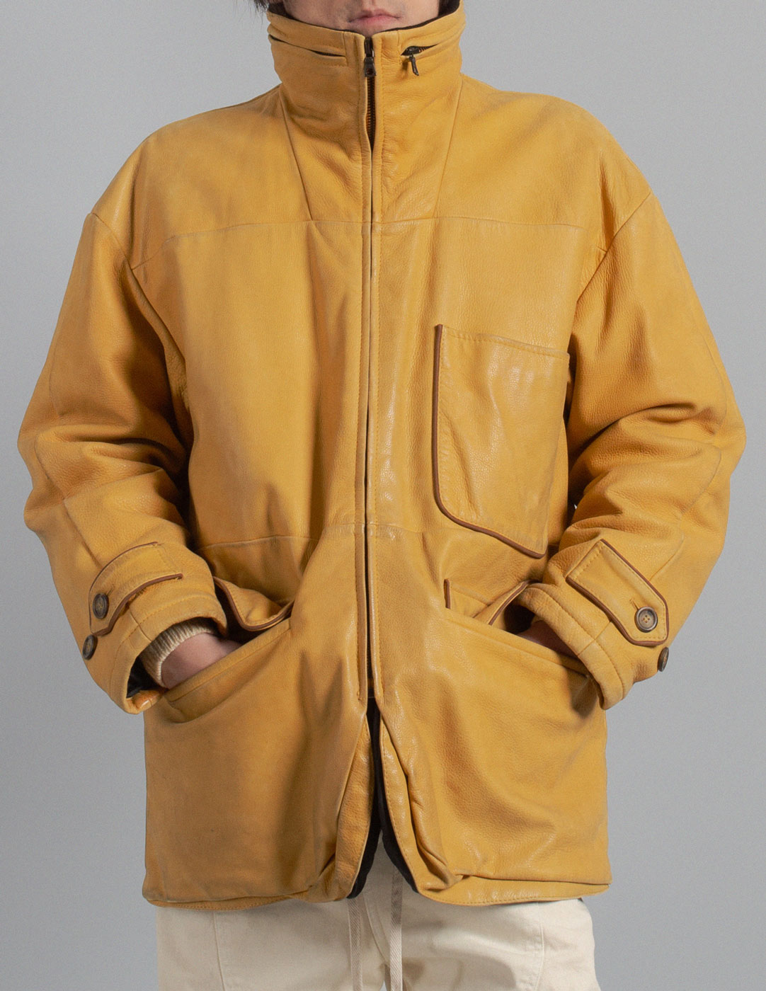 Gianfranco Ferré vintage honey mustard leather padded utility jacket detail