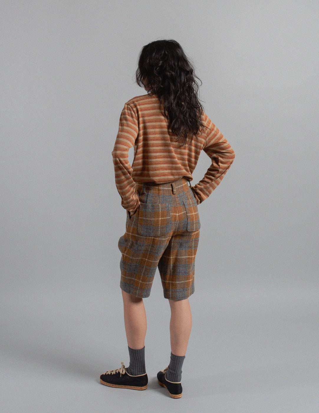 HAI Sporting Gear vintage high-waisted plaid wool shorts back view