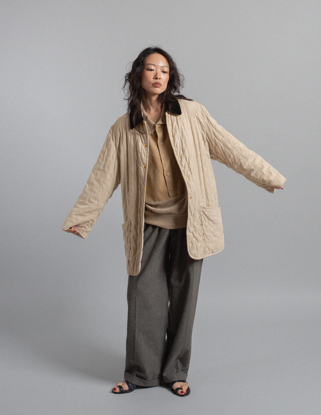 Hermès vintage cream quilted coat with black velvet collar