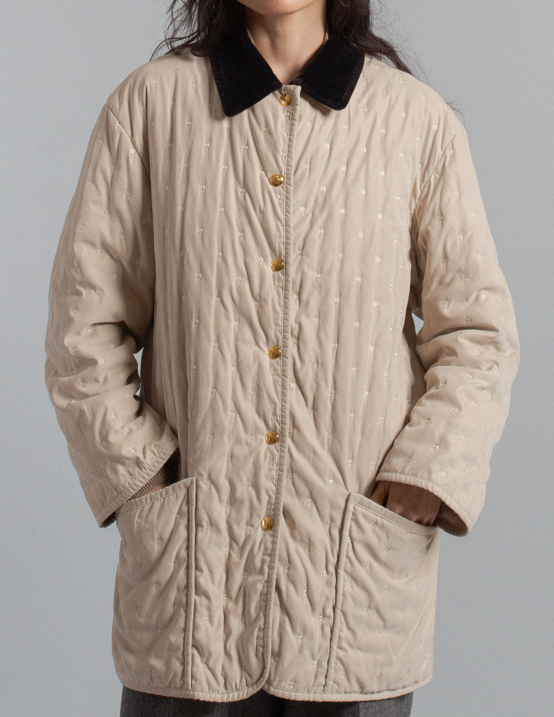 Hermès vintage cream quilted coat with black velvet collar detail
