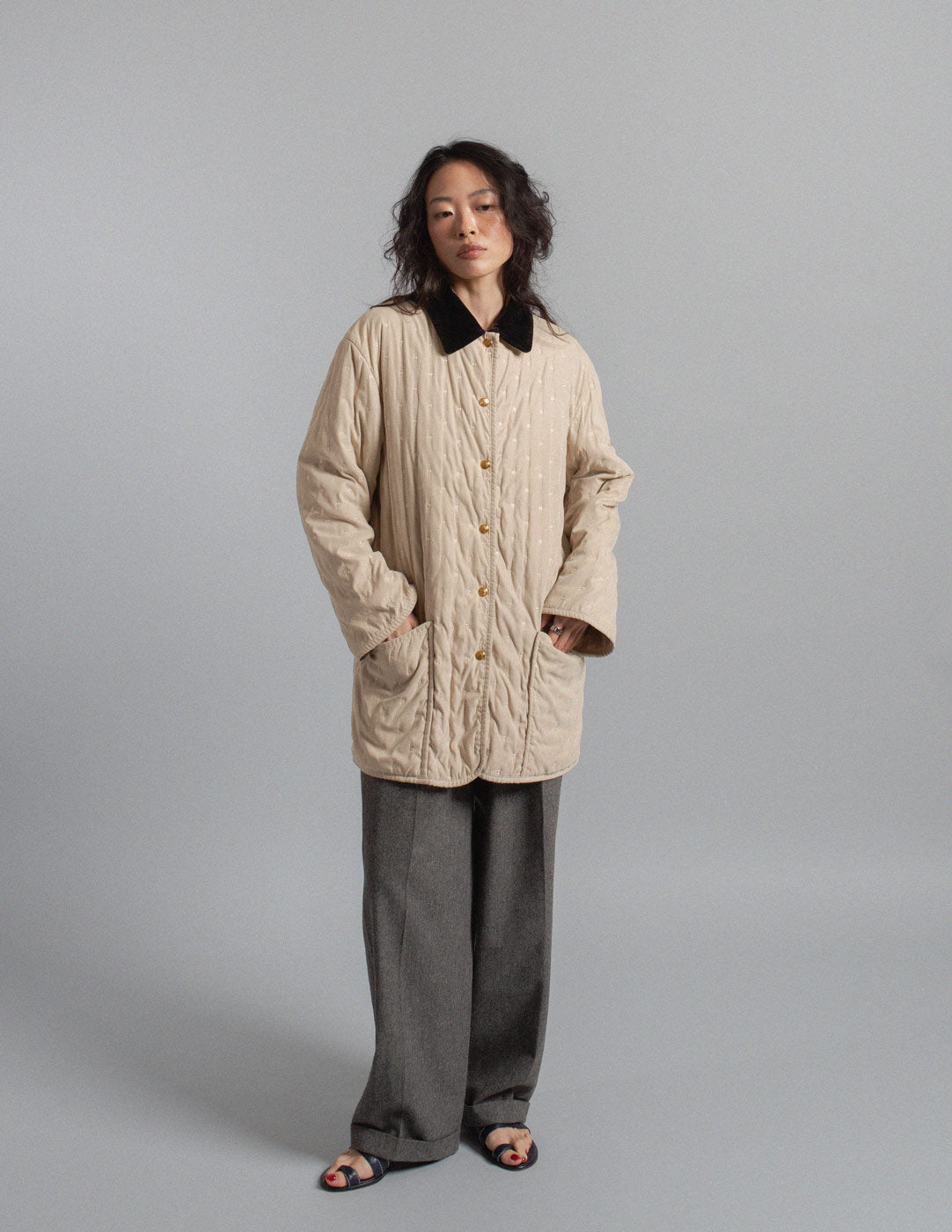 Hermès vintage cream quilted coat with black velvet collar
