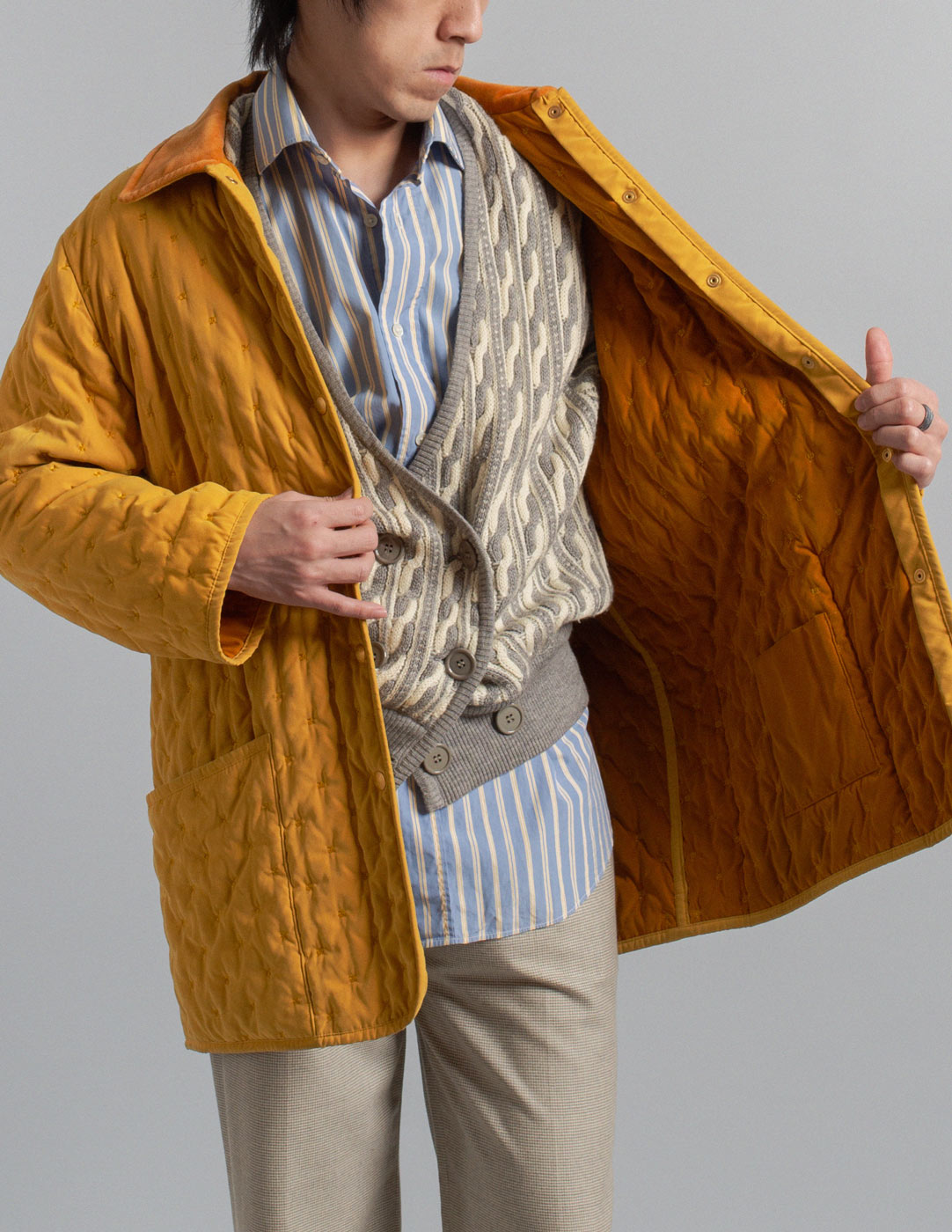 Hermès vintage marigold quilted coat with contrasting velvet collar interior detail