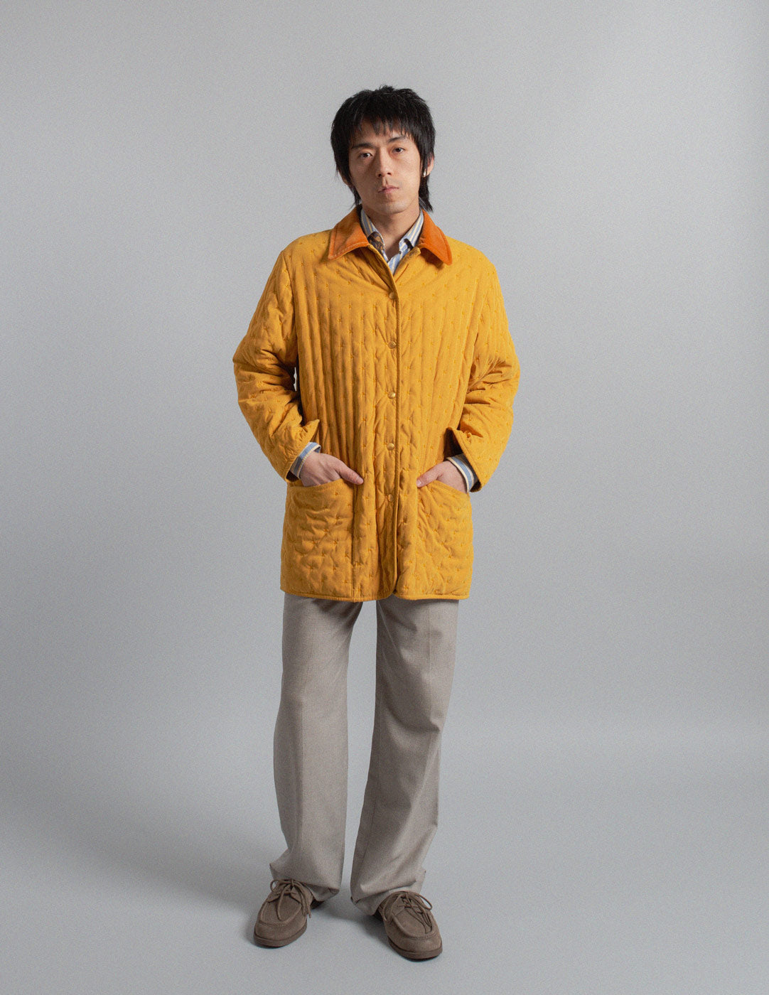 Hermès vintage marigold quilted coat with contrasting velvet collar