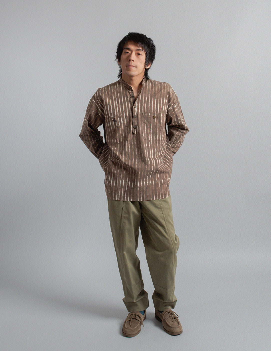 Issey Miyake vintage brushstroke striped cotton band collar shirt