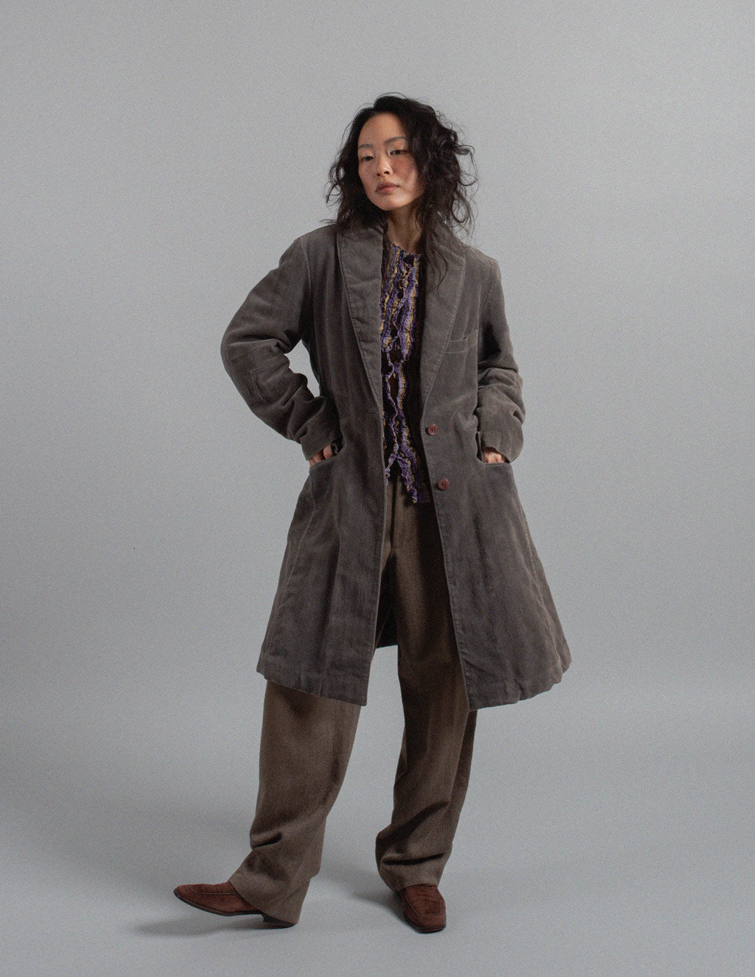 Issey Miyake charcoal velvet sculpted coat