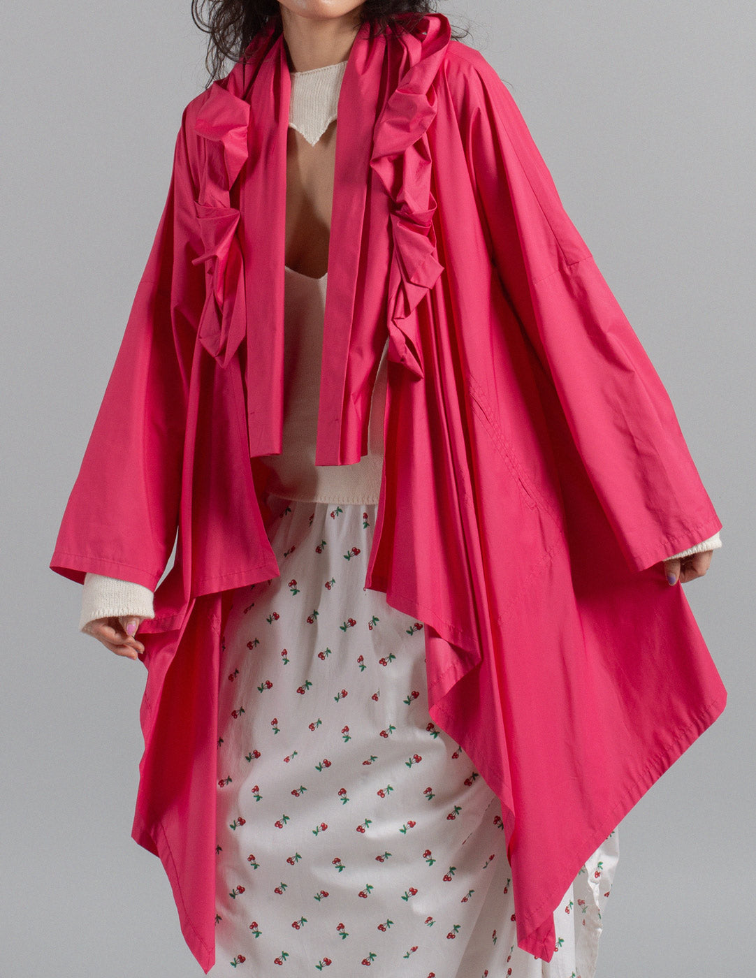 Issey Miyake fuchsia ruffle spring coat front detail