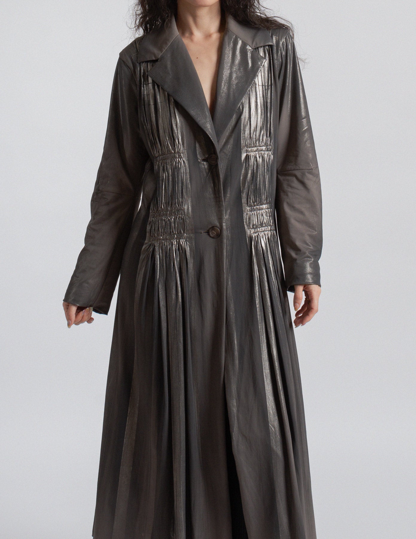 Issey Miyake vintage metallic pewter gray pleated maxi coat front detail