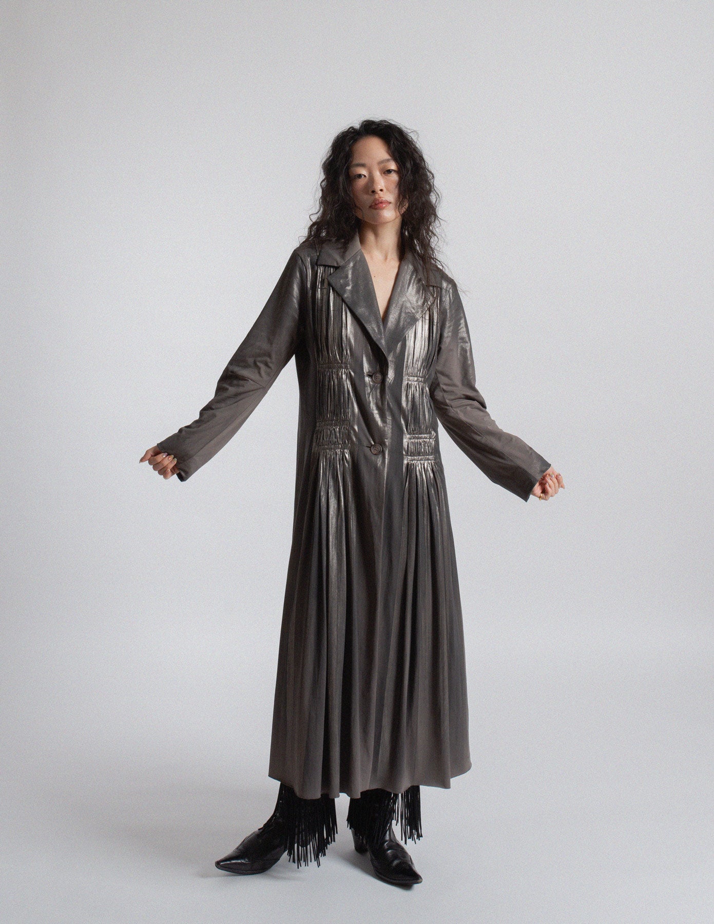 Issey Miyake vintage metallic pewter gray pleated maxi coat