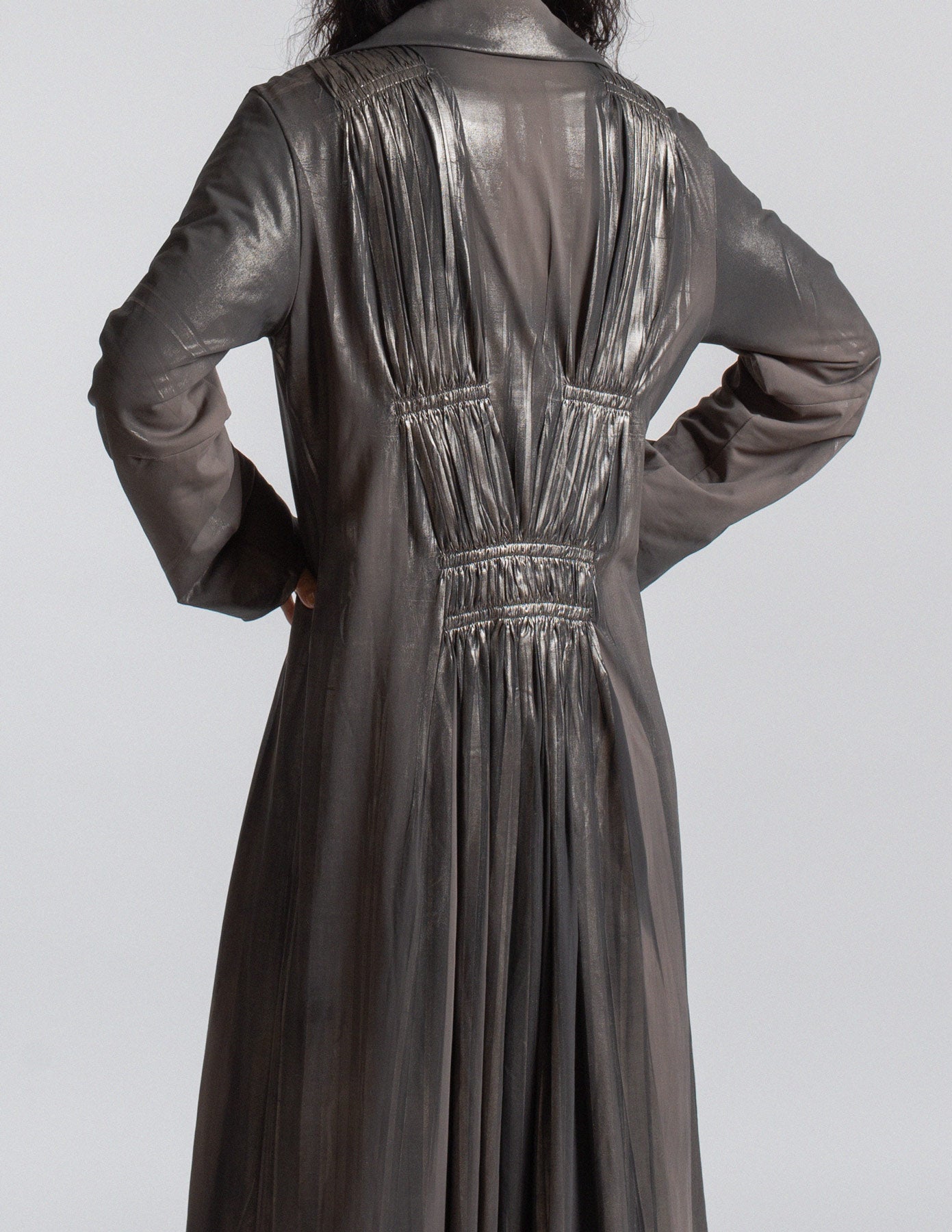 Issey Miyake vintage metallic pewter gray pleated maxi coat back detail