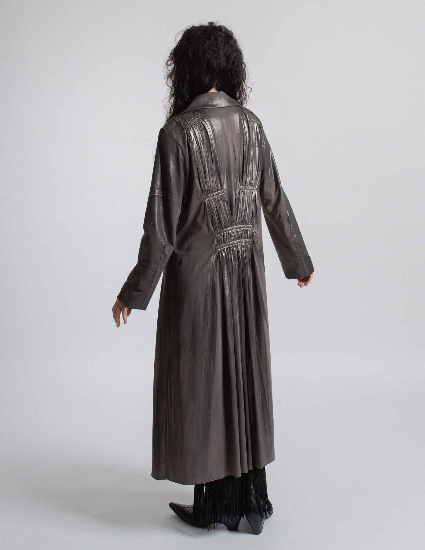 Issey Miyake vintage metallic pewter gray pleated maxi coat back view