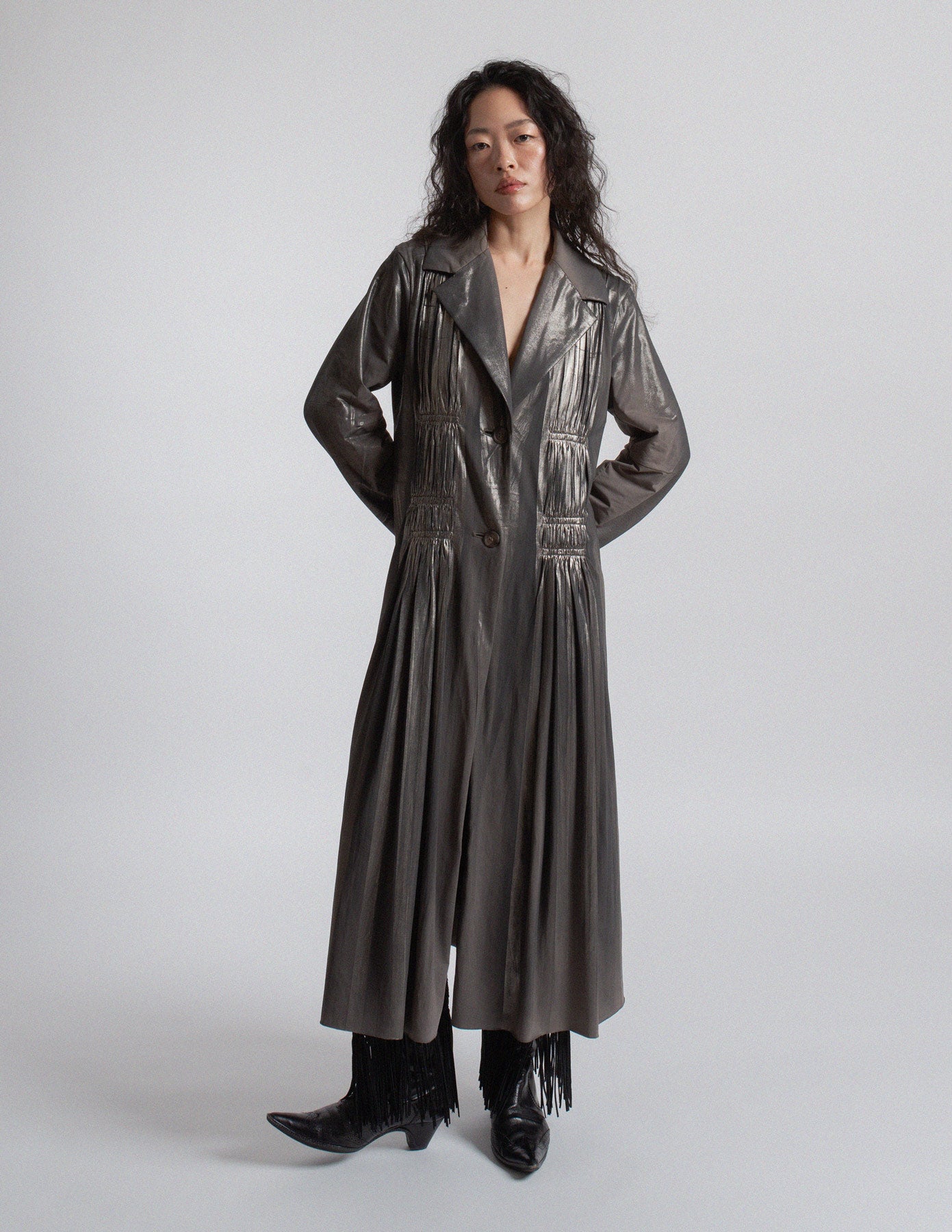 Issey Miyake vintage metallic pewter gray pleated maxi coat