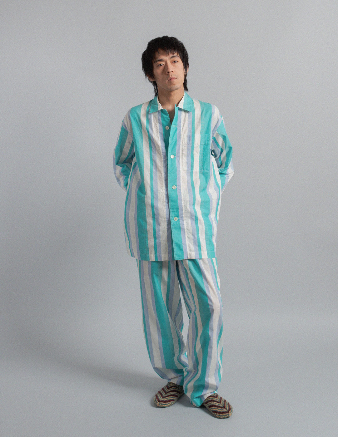 Issey Miyake vintage aquamarine striped cotton pajama set
