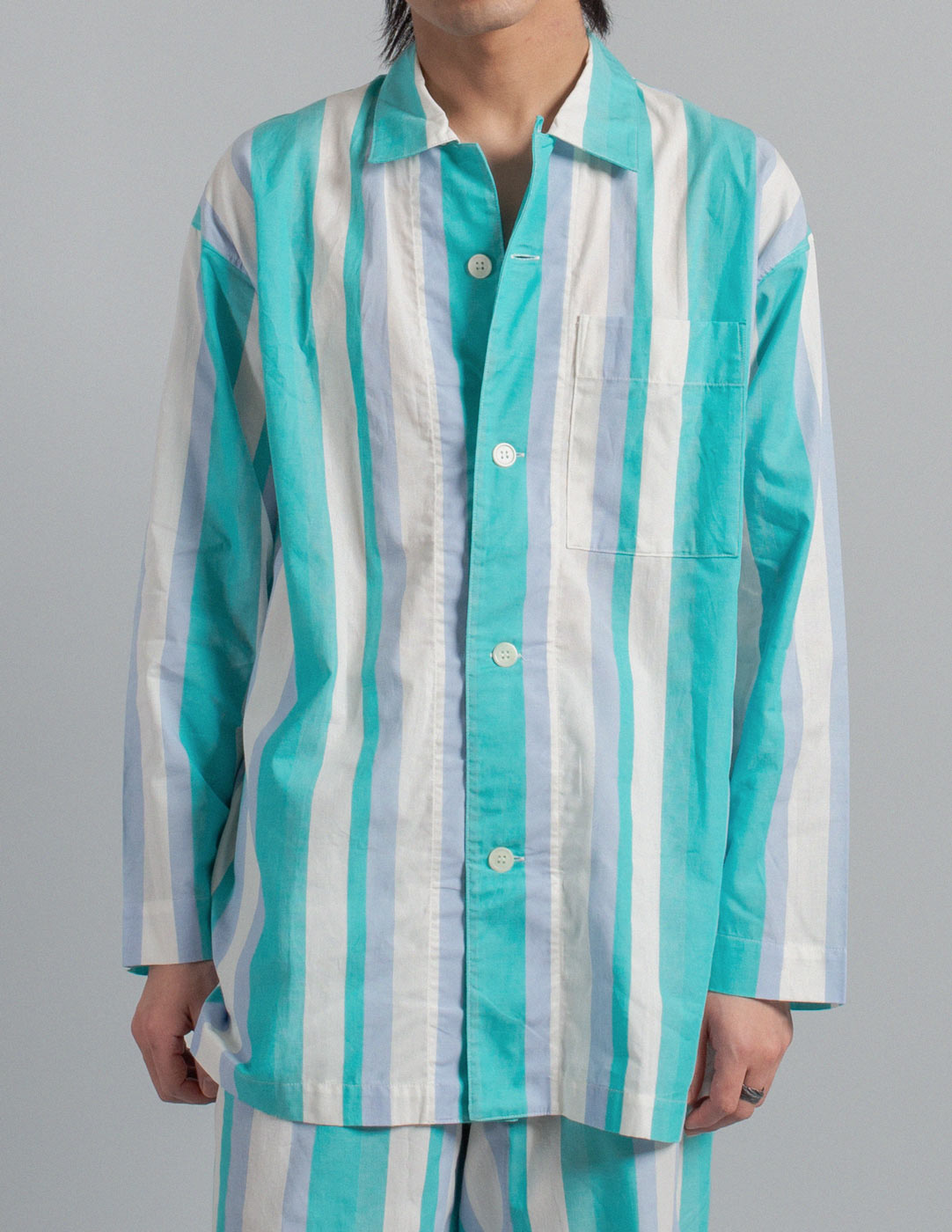 Issey Miyake vintage aquamarine striped cotton pajama set front detail