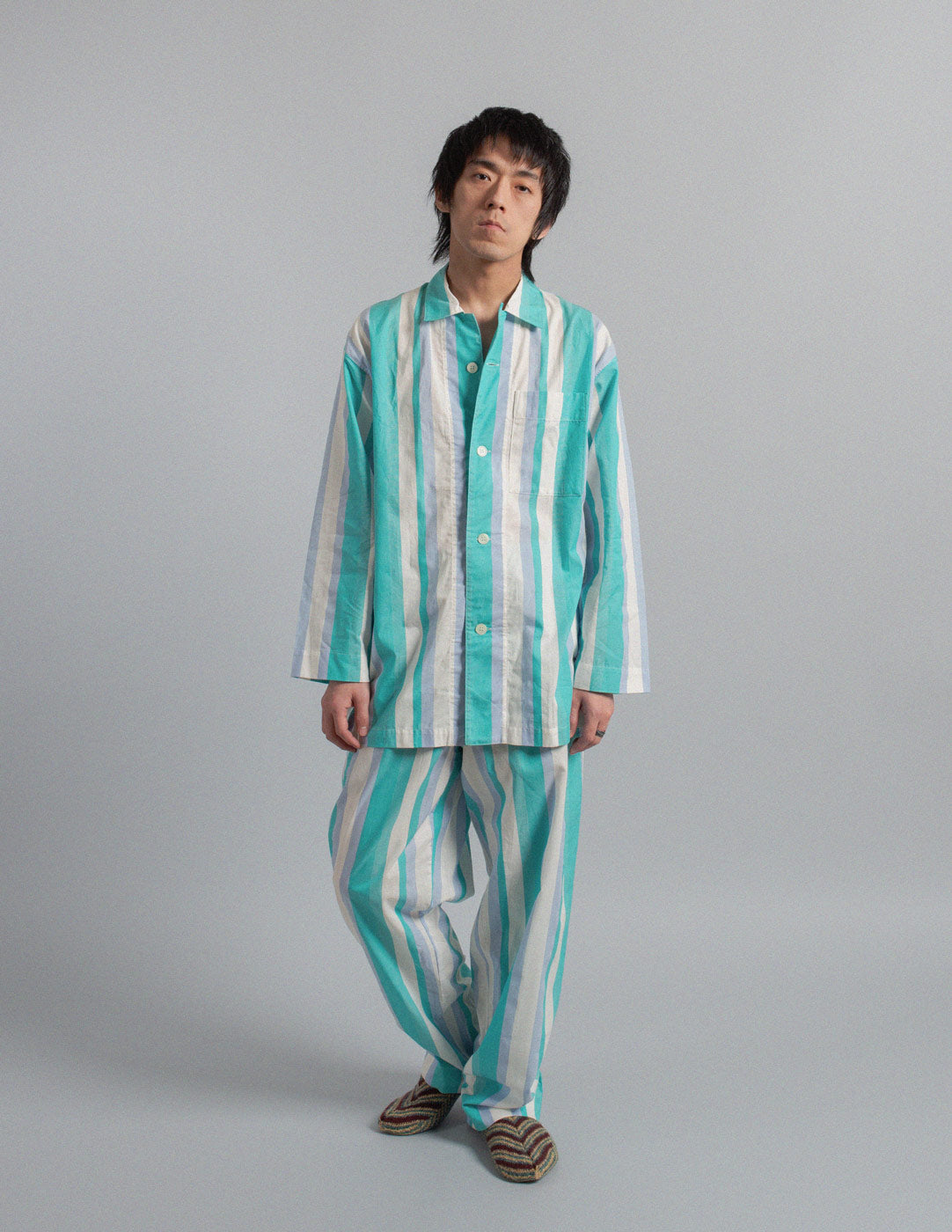 Issey Miyake vintage aquamarine striped cotton pajama set