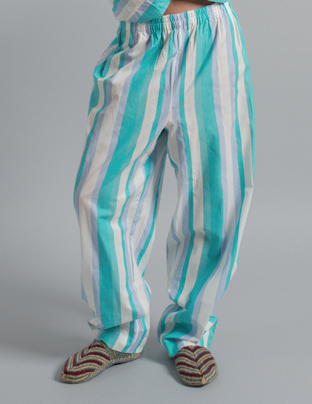 Issey Miyake vintage aquamarine striped cotton pajama set detail