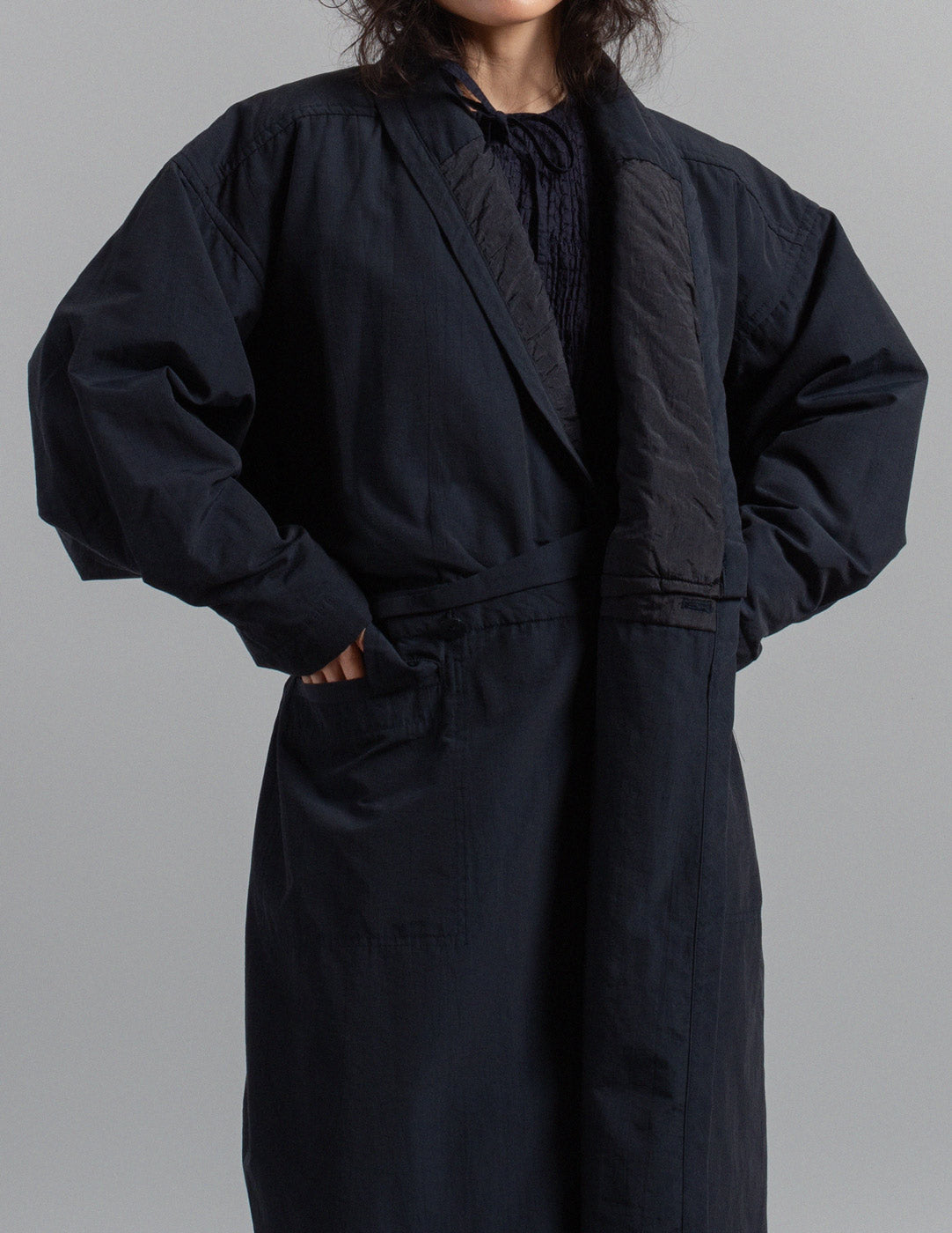 Plantation vintage navy quilted wrap coat detail