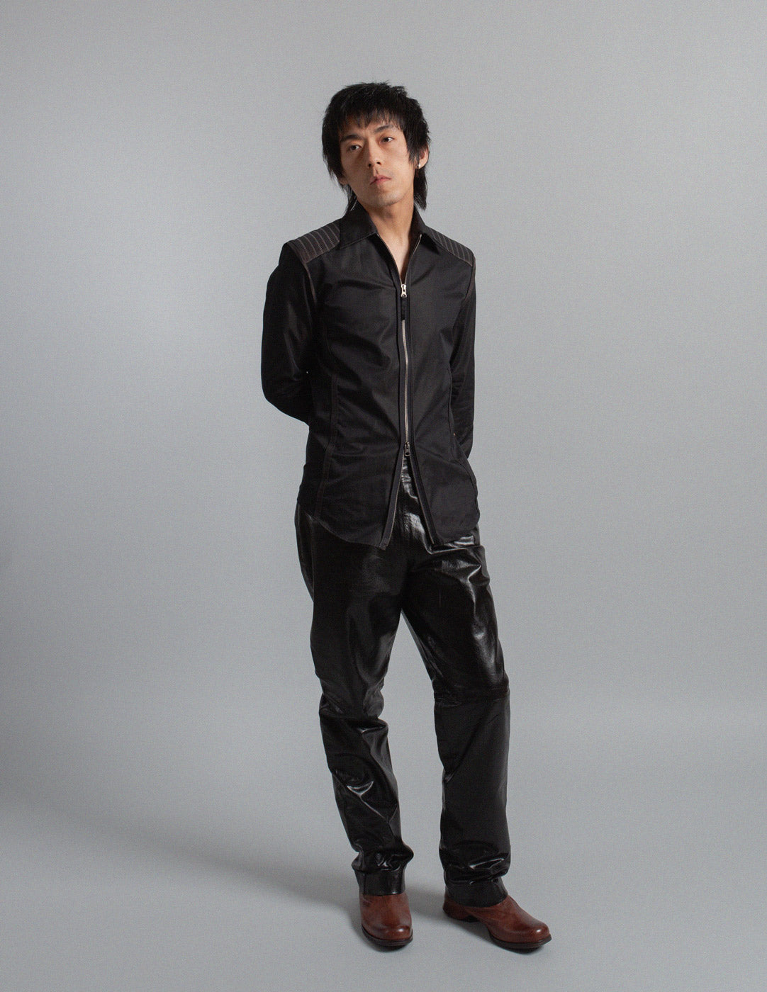 vintage structured zip shirt jacket with contrasting stitching details