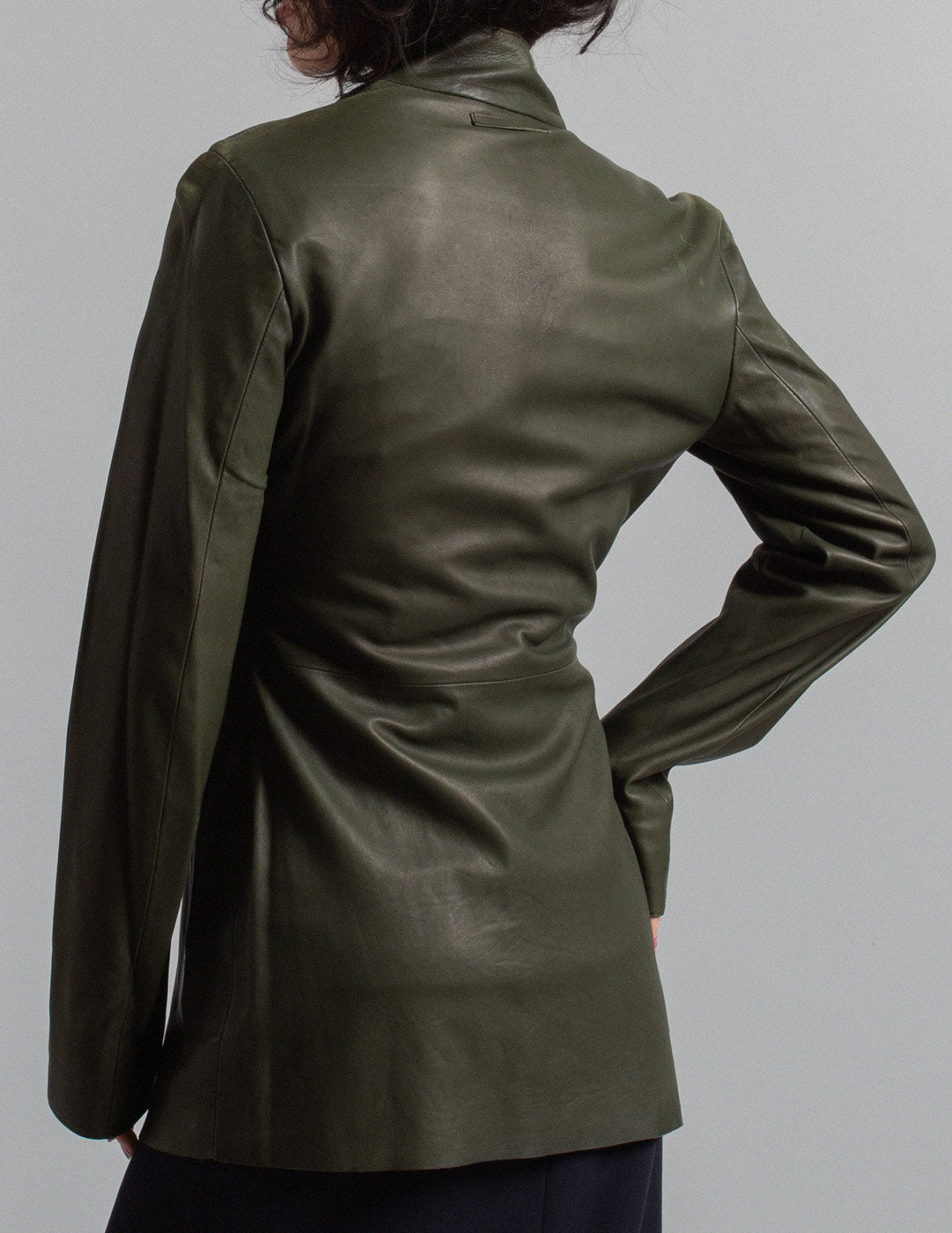 Jean Paul Gaultier vintage olive green leather jacket with draped high collar back detail