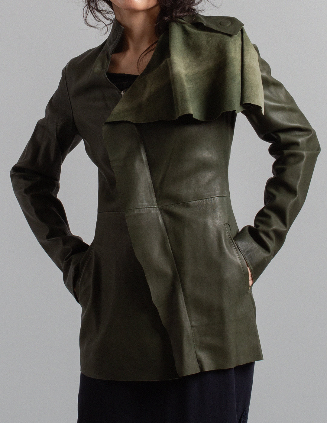Jean Paul Gaultier vintage olive green leather jacket with draped high collar detail