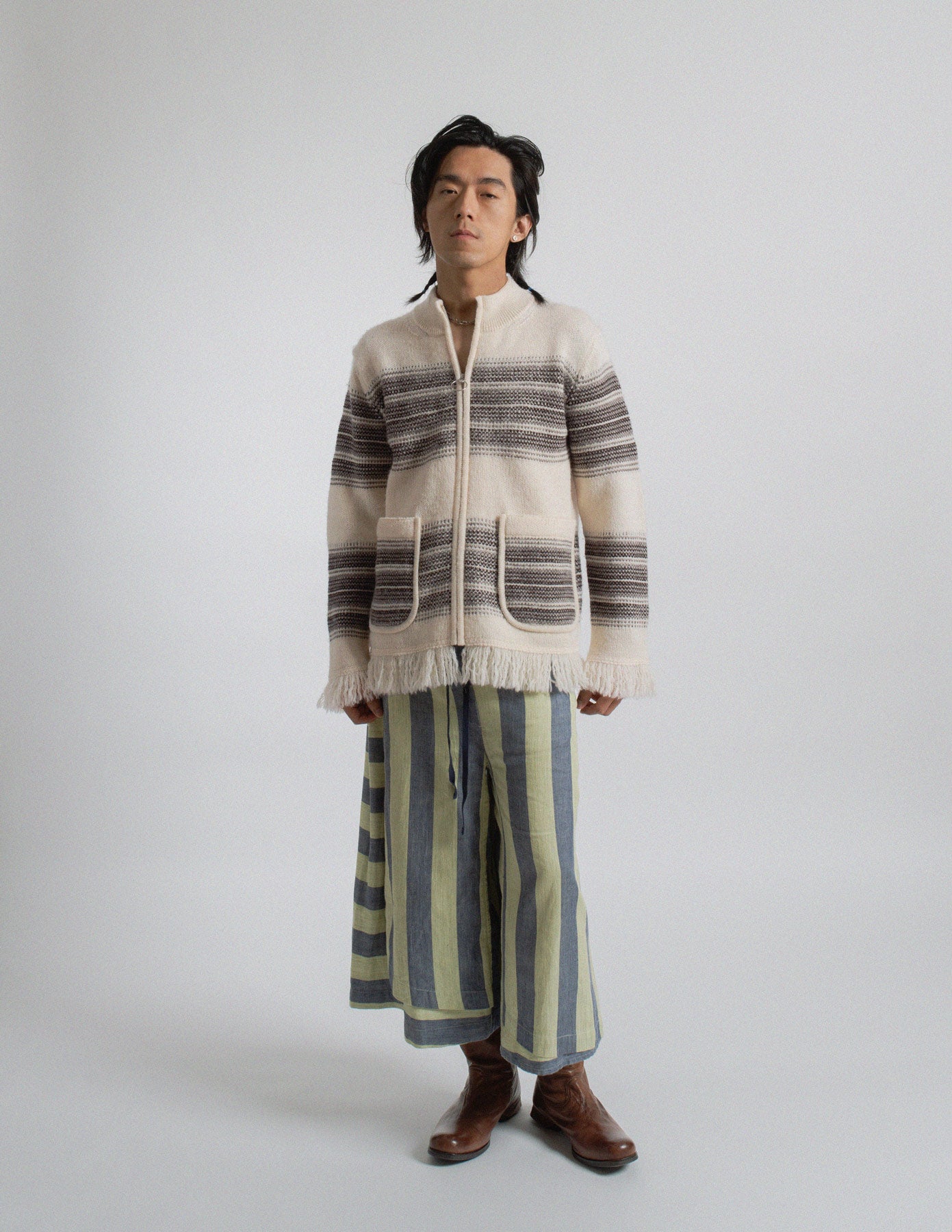 Junya Watanabe Man striped wool fringe zip-up knit jacket