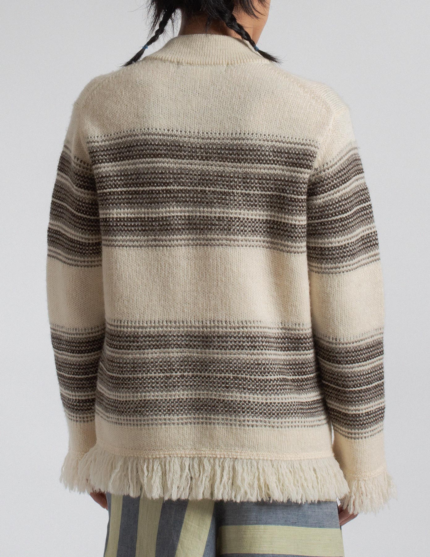 Junya Watanabe Man striped wool fringe zip-up knit jacket back detail