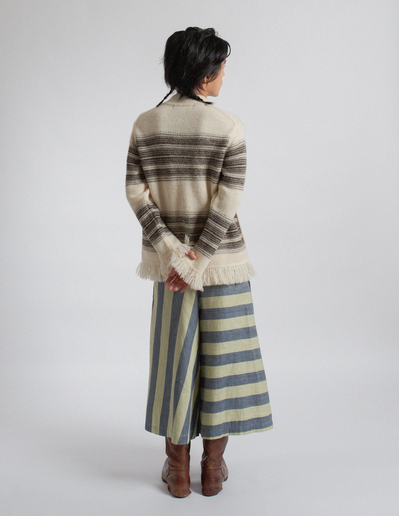 Junya Watanabe Man striped wool fringe zip-up knit jacket back view