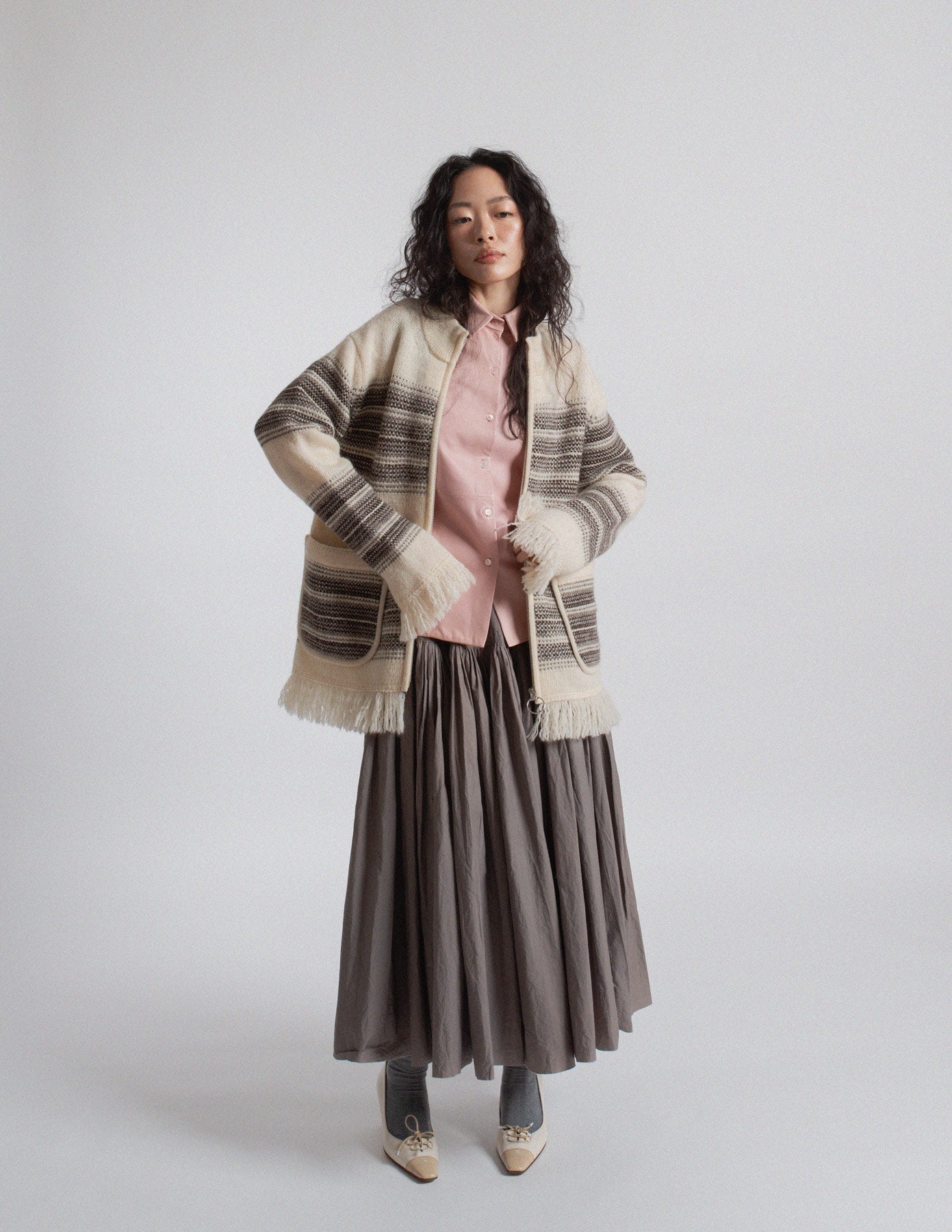 Junya Watanabe Man striped wool fringe zip-up knit jacket
