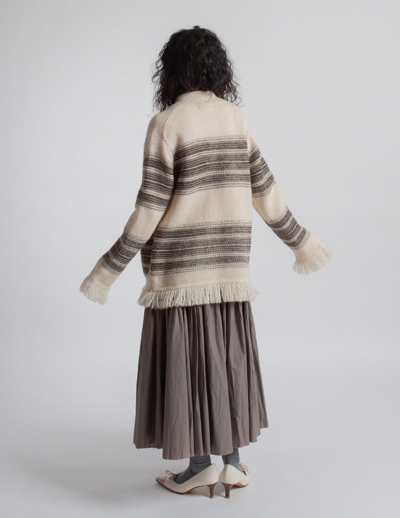 Junya Watanabe Man striped wool fringe zip-up knit jacket back view