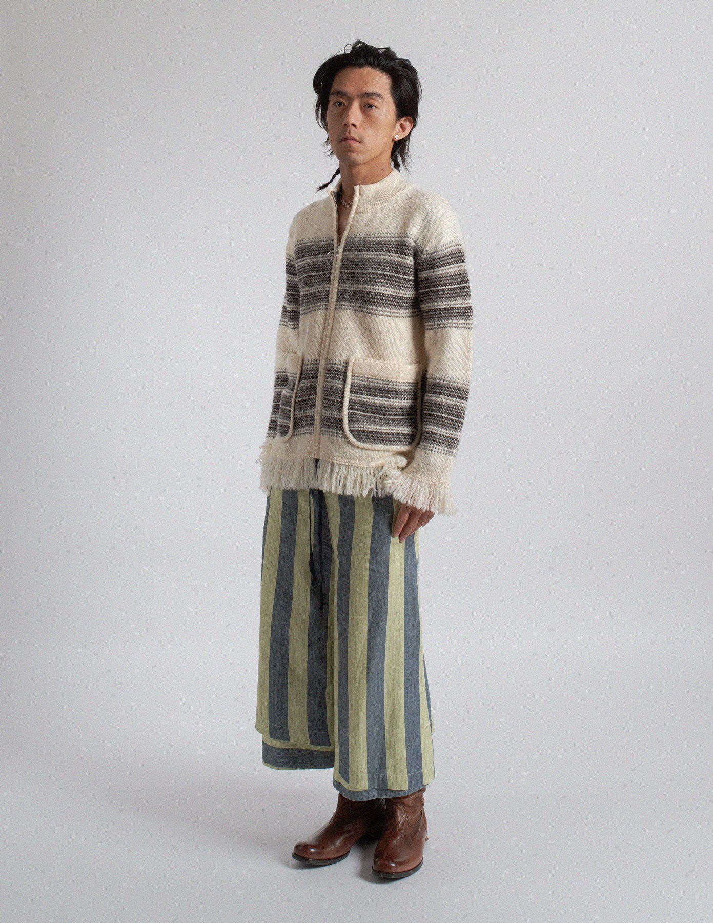 Junya Watanabe Man striped wool fringe zip-up knit jacket