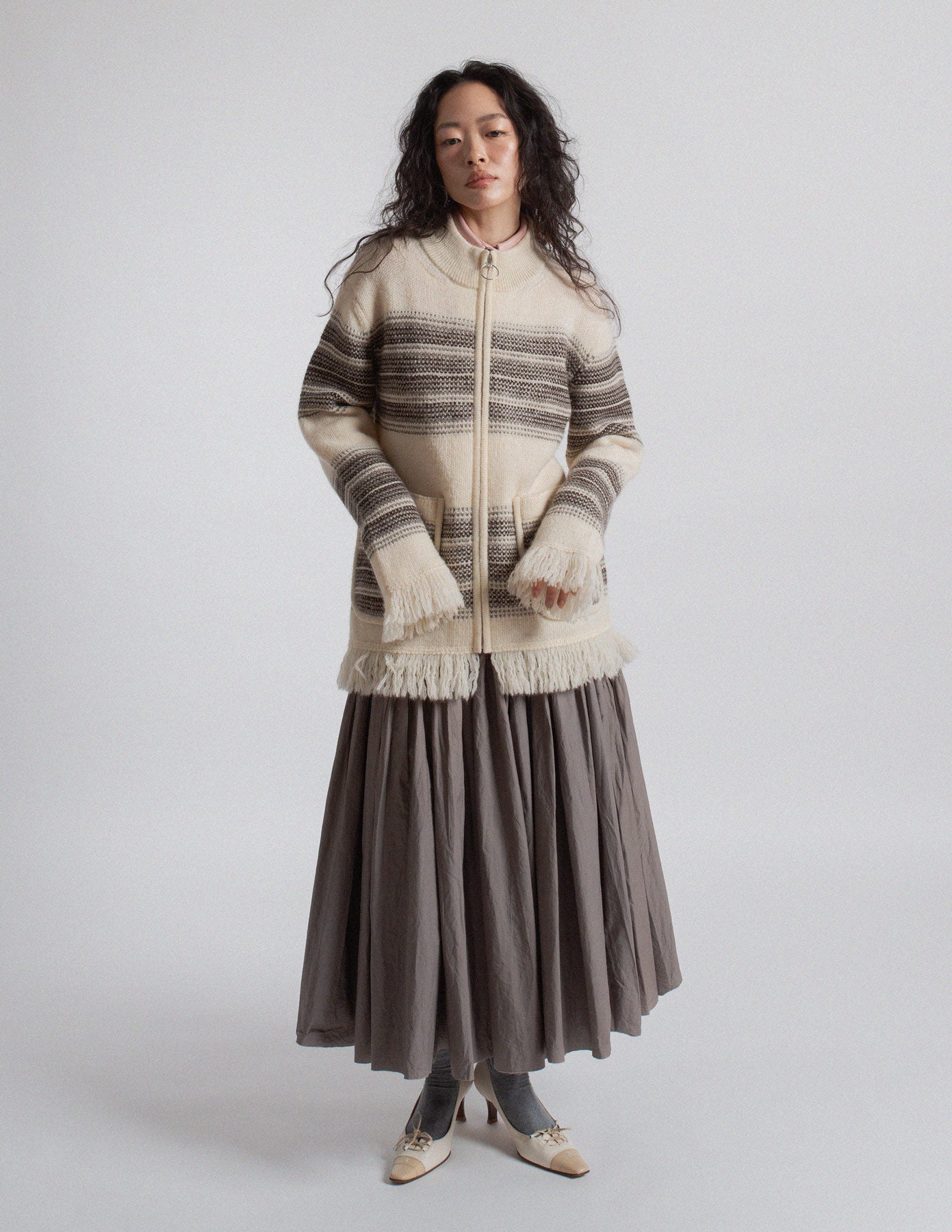 Junya Watanabe Man striped wool fringe zip-up knit jacket