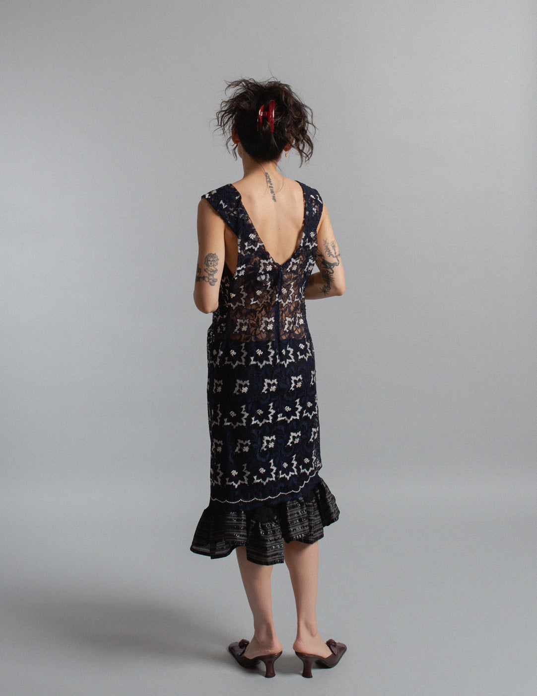 Junya Watanabe floral lace deep-v dress back view