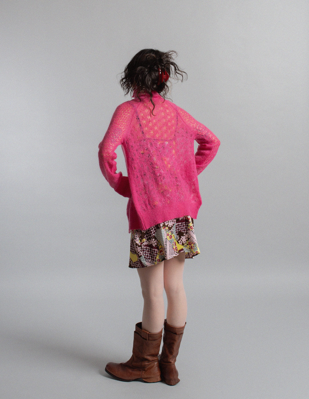 Junya Watanabe vintage fuchsia mohair lace knit cardigan back view
