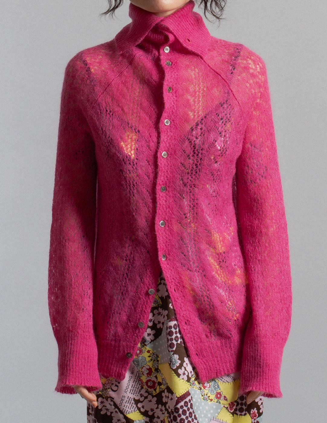 Junya Watanabe vintage fuchsia mohair lace knit cardigan detail
