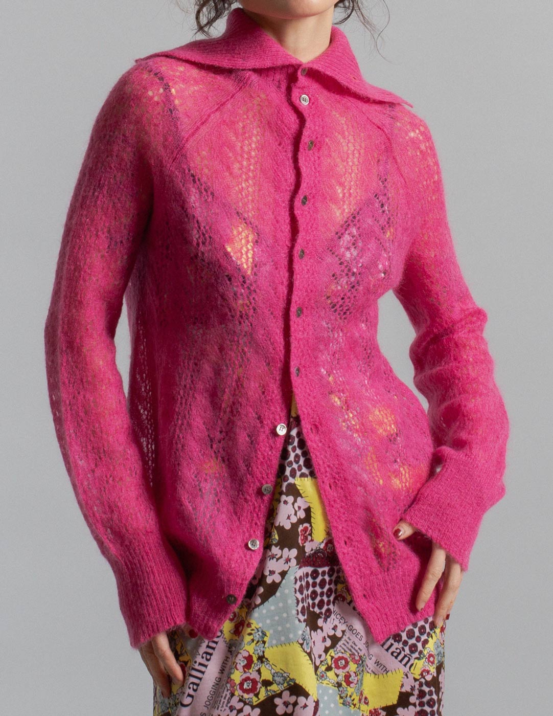 Junya Watanabe vintage fuchsia mohair lace knit cardigan detail