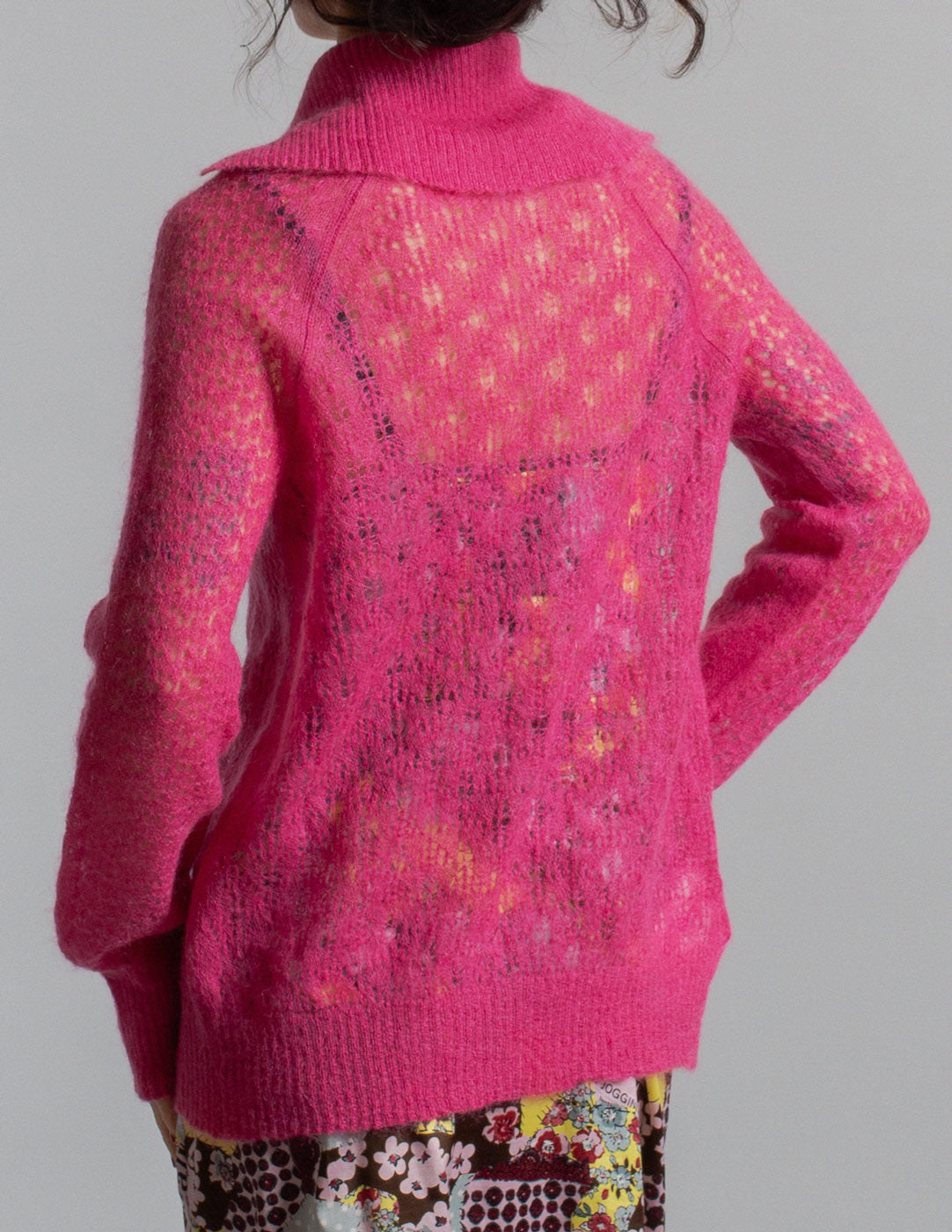 Junya Watanabe vintage fuchsia mohair lace knit cardigan detail