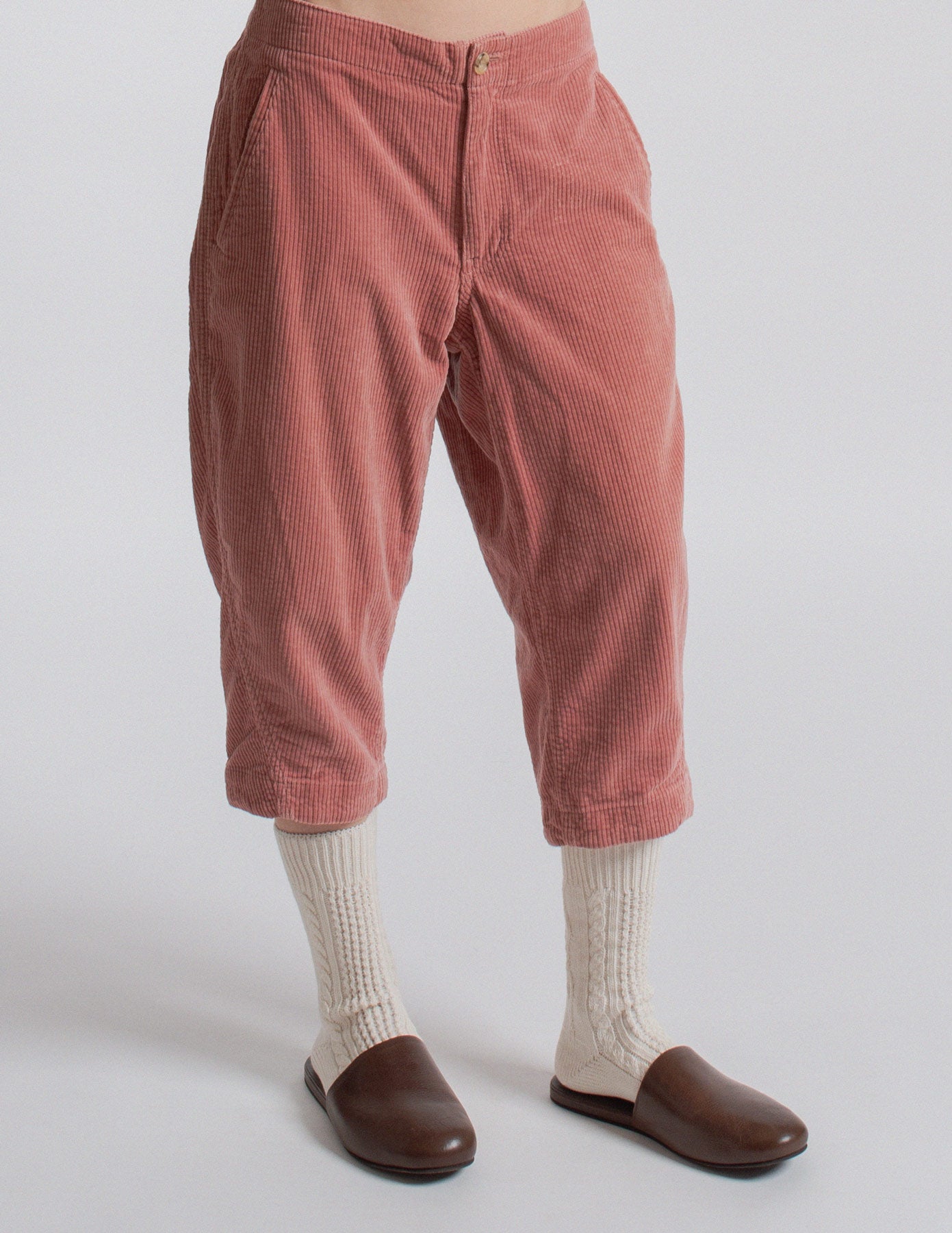 Comme des Garçons Homme dusty rose corduroy cropped cocoon pants front detail