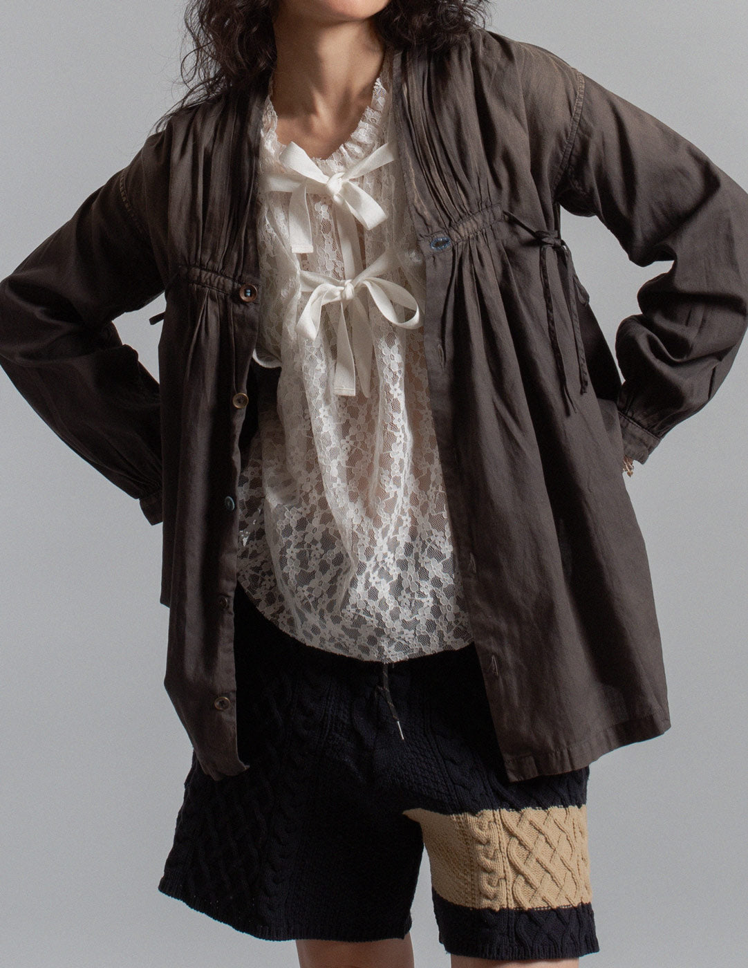 Kapital black wash gathered smock shirt open detail