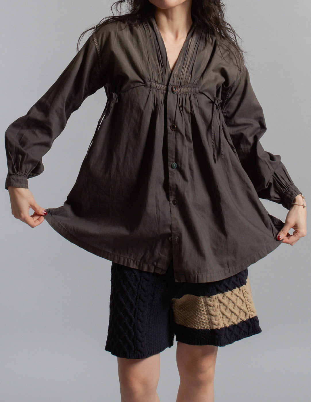 Kapital black wash gathered smock shirt detail