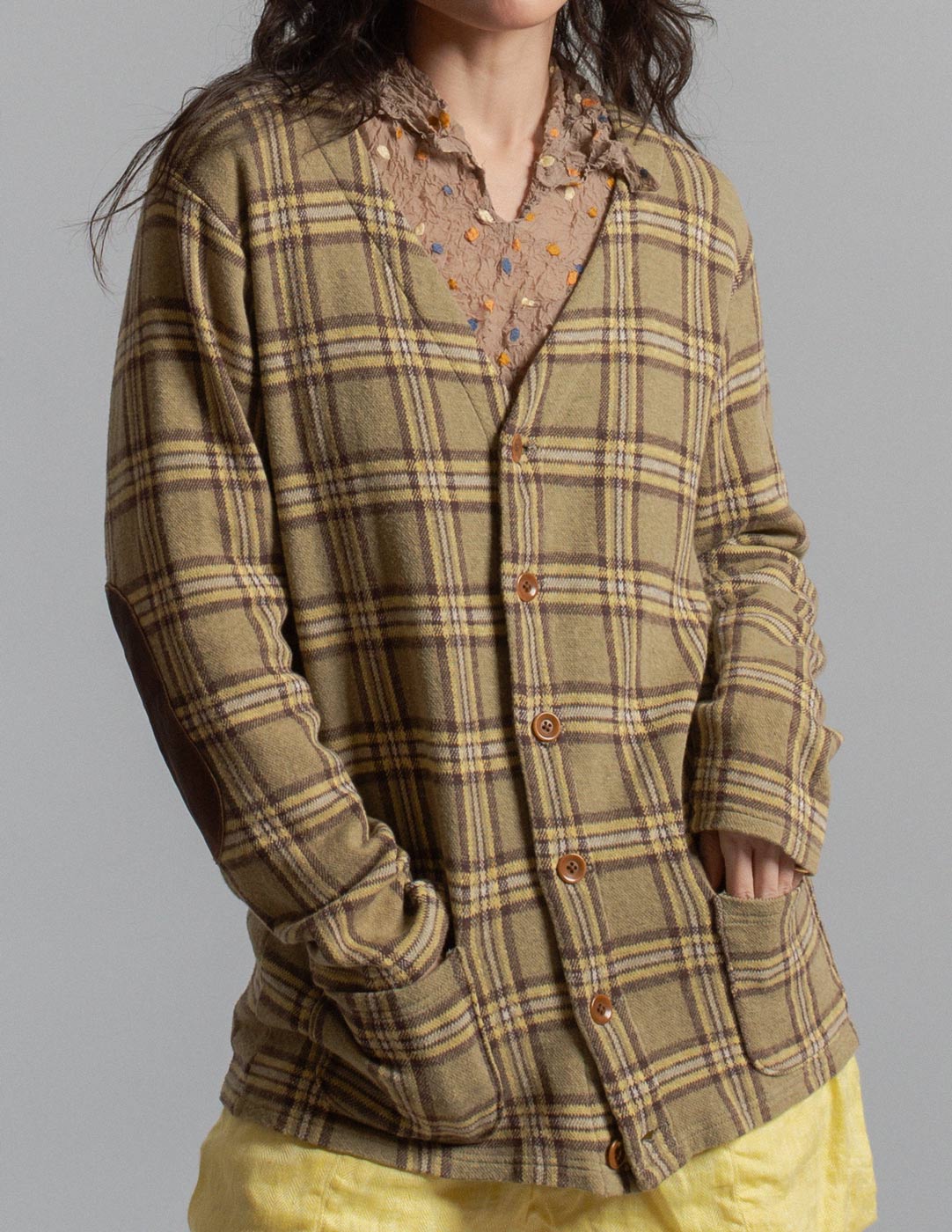 Kapital plaid cotton cardigan jacket with leather elbow patches front detail