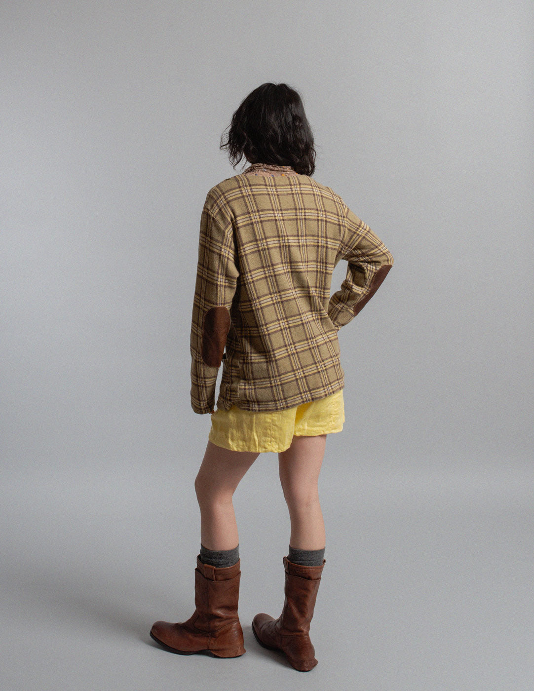 Kapital plaid cotton cardigan jacket with leather elbow patches back view