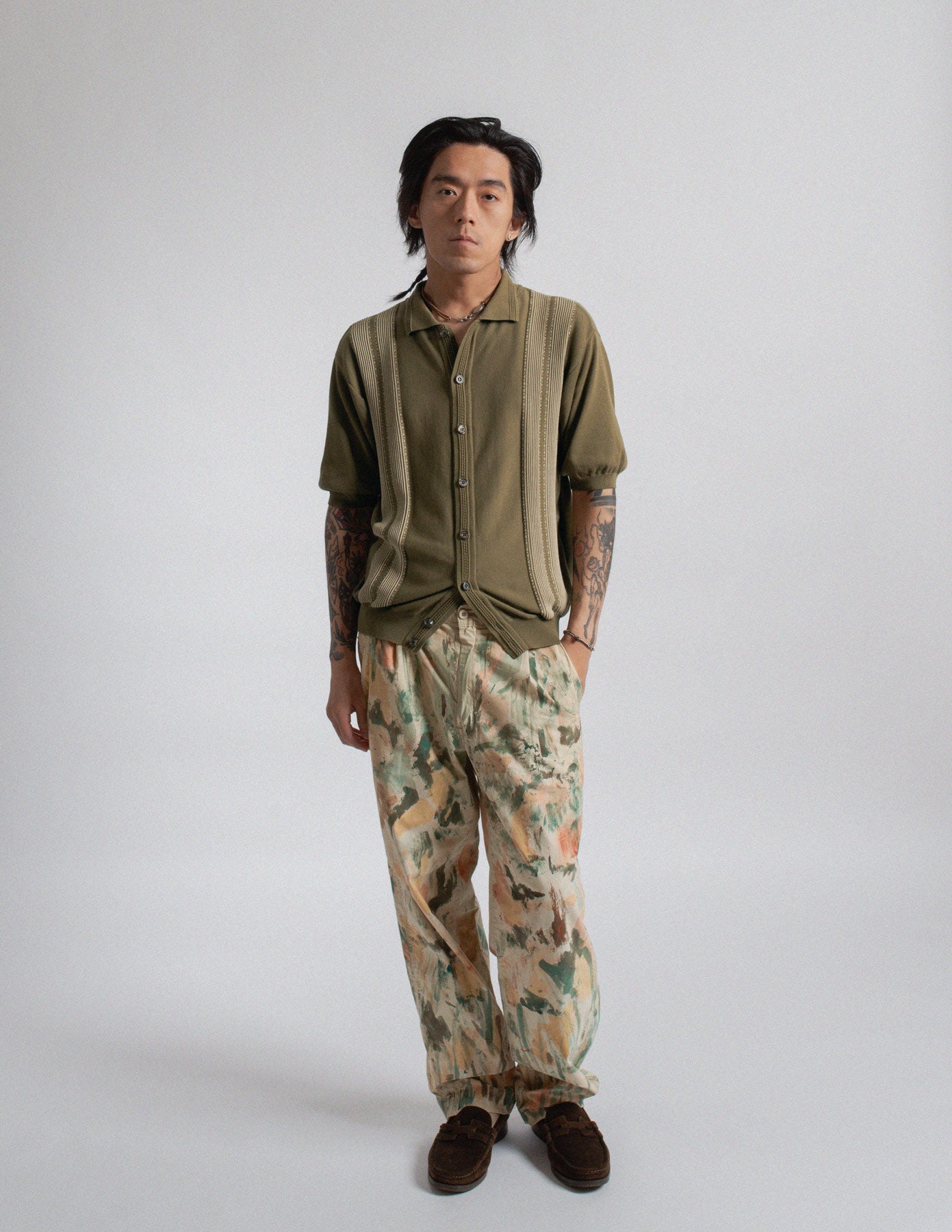 Kapital olive-toned jacquard stripe knit polo