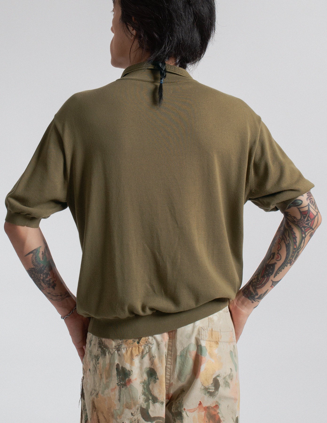 Kapital olive-toned jacquard stripe knit polo back detail