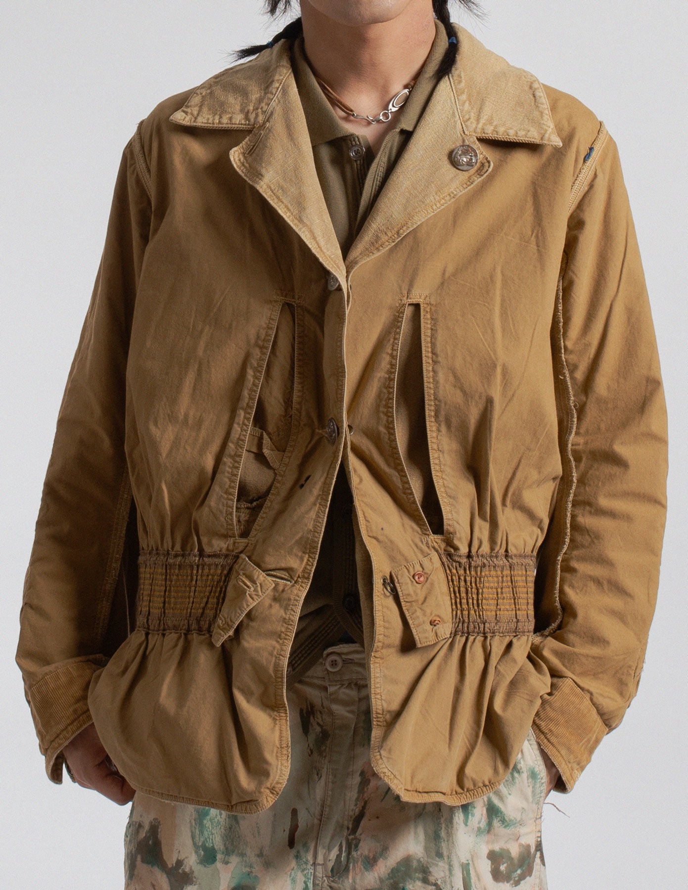 Kapital distressed canvas utility jacket interior detail