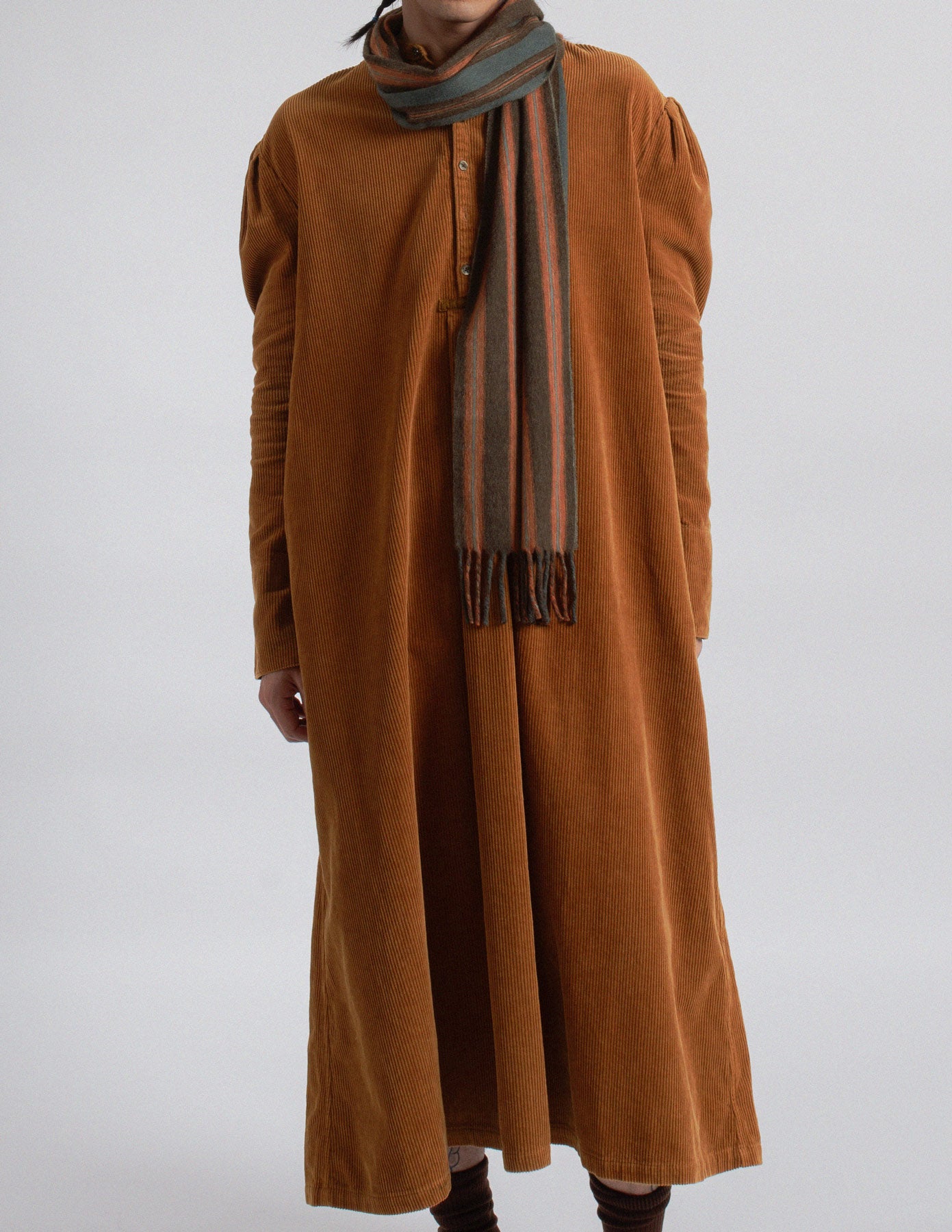 Kapital burnt orange corduroy oversized shirt dress front detail